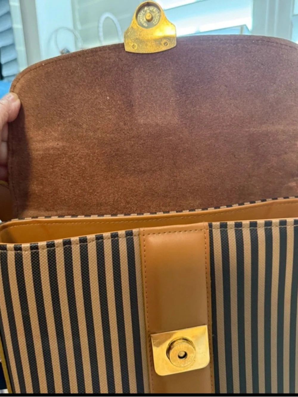 Men's Tan & Black Striped Leather-Trim Messenger Bag